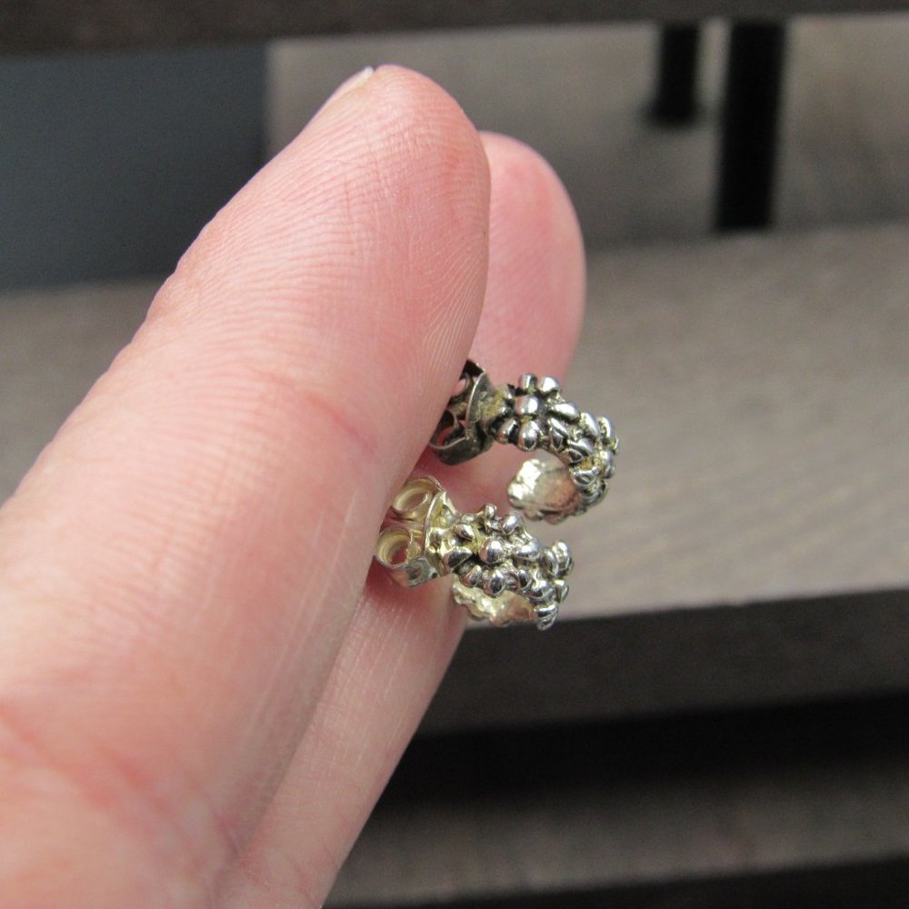 Sterling Silver Tiny Flower Rustic Earrings - image 2